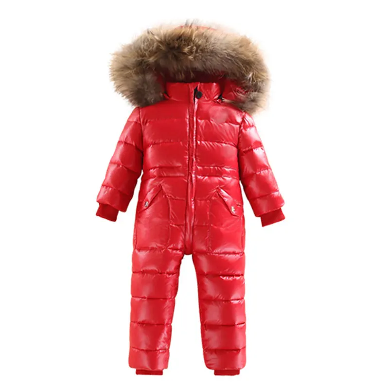 

2~5 Years Russian Winter Baby White Duck Down Rompers with Real Fur Hood Outdoor Skit Snowsuit Girls clothing Infant Boy Romper