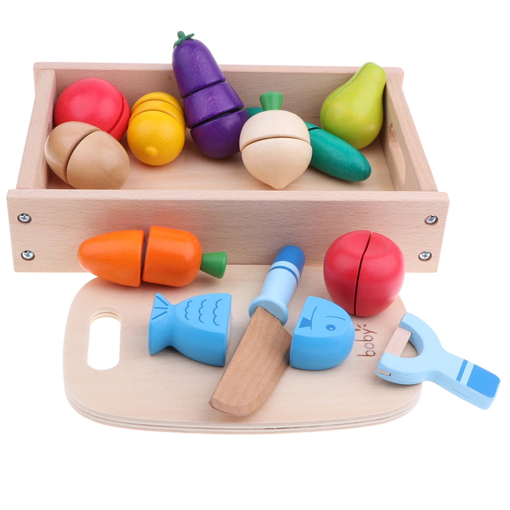 14pcs Wooden Simulation Sticky Fruits Vegetables Play Food Baby Preschool Kitchen Toys Role Pretend Playing Game