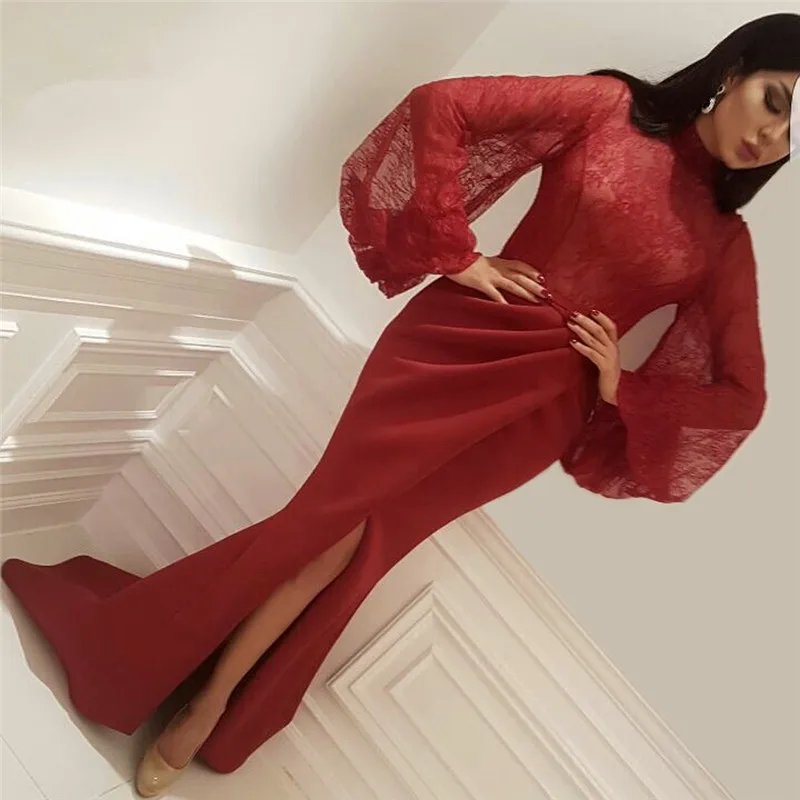 Красный мусульманский вечерние платья 2019 Русалка Одежда с длинным рукавом шифон кружево разрез пикантные ислам Дубаи кафтан Саудовской