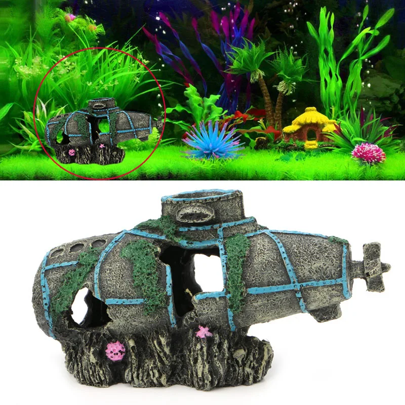 Aquarium Fish Tank Ornament Sunken Submarine Hiding Cave Landscaping
