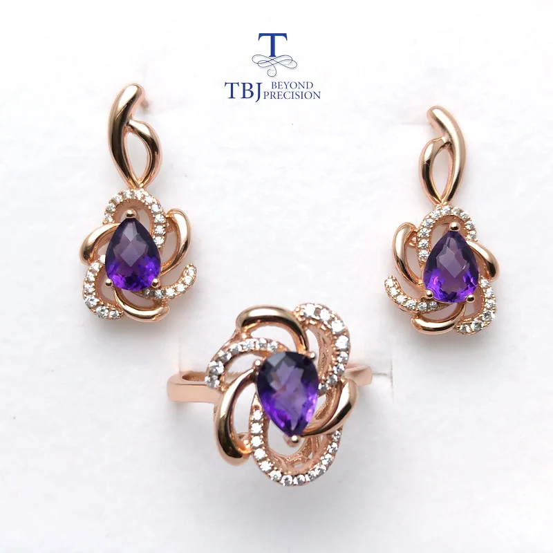 

TBJ,Romantic jewelry set with natural amethyst gemstone Ring and earring in 925 silver rose gold color women February birthstone