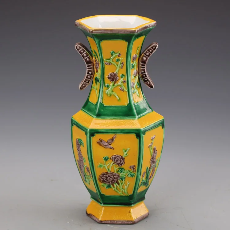 Buy Antique porcelain vase yellow green flower double ear vase Jingdezhen