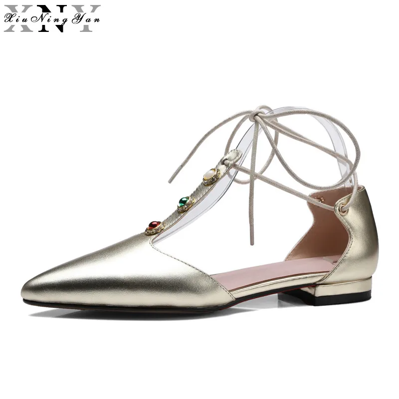 

2017 New Sexy Women Summer Flats Genuine Leather Shoes Ladies Fashion Rivet Handmade Zircon Inlay Low Heels Shoes for Woman 2/15