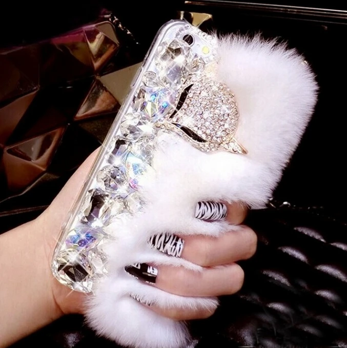 

Luxury Big Rhinestone diamond Real rabbit fur hard cover case For iphone X XS MAX XR 4S 5S 6 6S PLUS 7 8 Plus bling Case