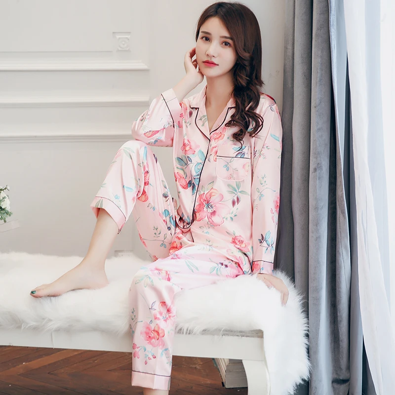 

Plus Size Silk Satin Floral Print Pajamas Sets for Women Spring Autumn Long Sleeve Pyjama Sleepwear Lounge Homewear Pijama Mujer