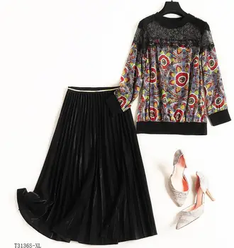 

European style 2019 New arrivals summer Spring fashion women clothes printing blouse + solid color skirt casual suit T3136