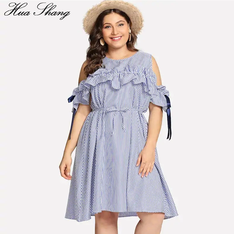 

Cold Shoulder Dress Plus Size Women Summer Short Sleeve Ruffles Dress Knee Length Striped Print Laides Tunic Beach Dresses