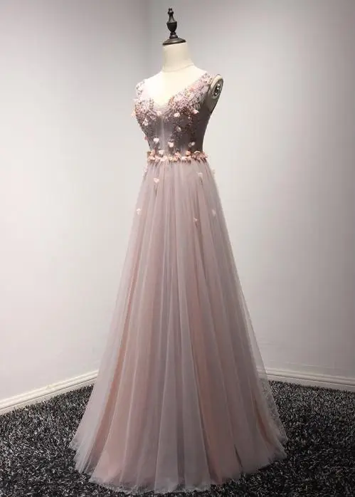 VENSANAC 2018 A Line Crystals Flowers V Neck Long Evening Dresses Elegant Tank Party Lace Beadings Tulle Prom Gowns