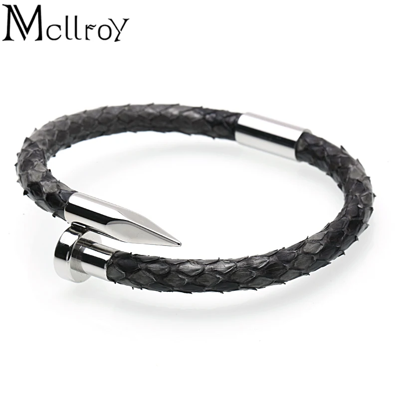 

Mcllroy Men bracelet/316L stainless steel nail/fashion/luxury snake skin leather bracelets & bangles handmade man jewelry 2018