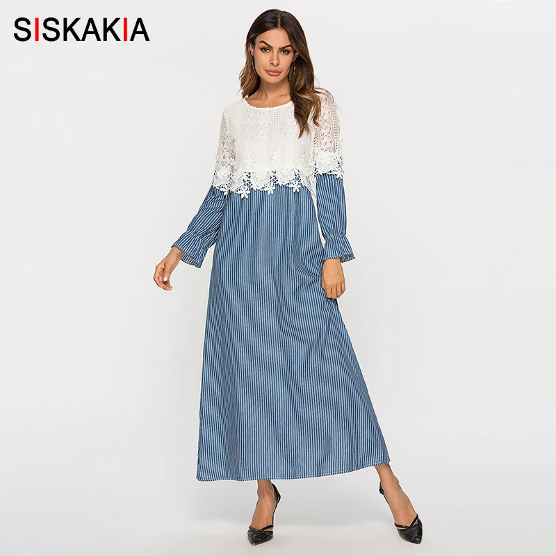 

Siskakia Fashion lace striped patchwork Women Dresses Spring 2019 long Sleeve Maxi Long Dress Urban Casual Blue with White New