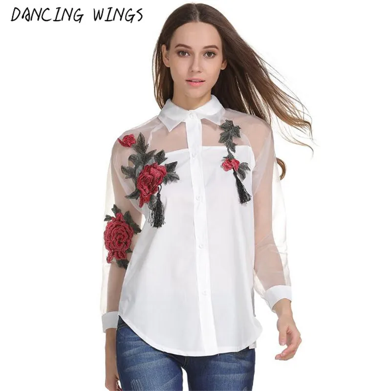 

Rose Flower Embroidery Casual White Shirt Organza Long Sleeve Sexy Perspective Women Tops Chiffon