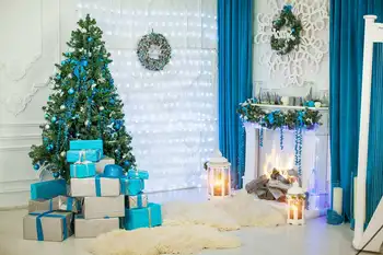 

Customized 3 D blue and white Xmas tree photographic background for family portrait photography studio backdrops