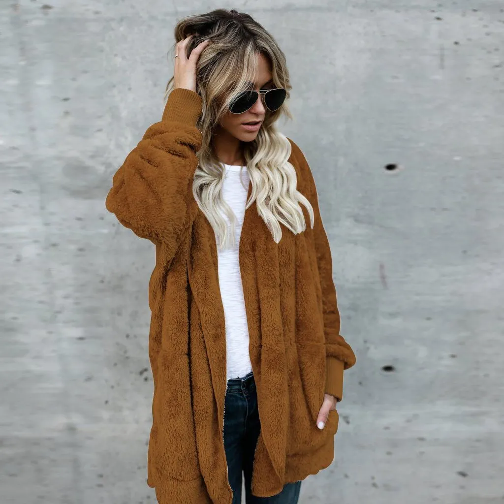 

2018 Women Winter Autumn Jacket Fluffy Oversized Cardigan Loose Long Warm Outwears Pockets Chic Streetwear Coat