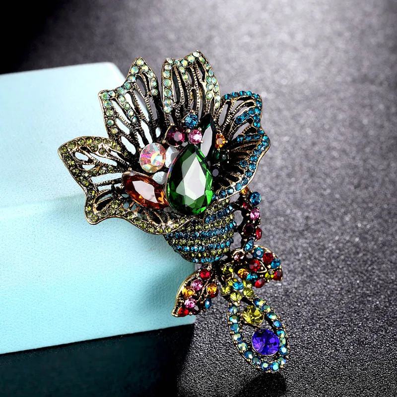 

Zlxgirl Fashion bridal jewelry Green color Austrian crystal flower brooches hijab fashion women's big size clothing brooch pins