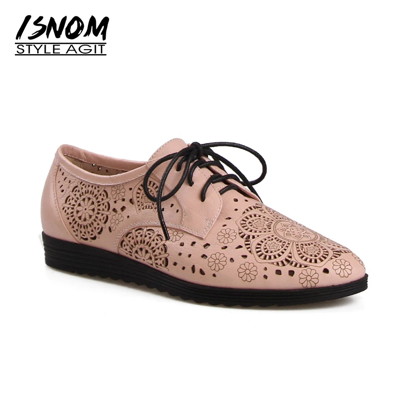 

ISNOM Genuine Leather Casual Women Flats Round Toe Lace up Flats Sole Shoes Ladies Leather Cutout Footwear Female Flats Shoes