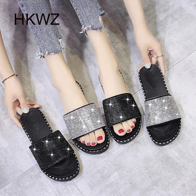 

Rhinestone sequin Women's slippers casual open toe comfortable platform 4.5cm sandals sequins Bling wear wild non-slip sandals
