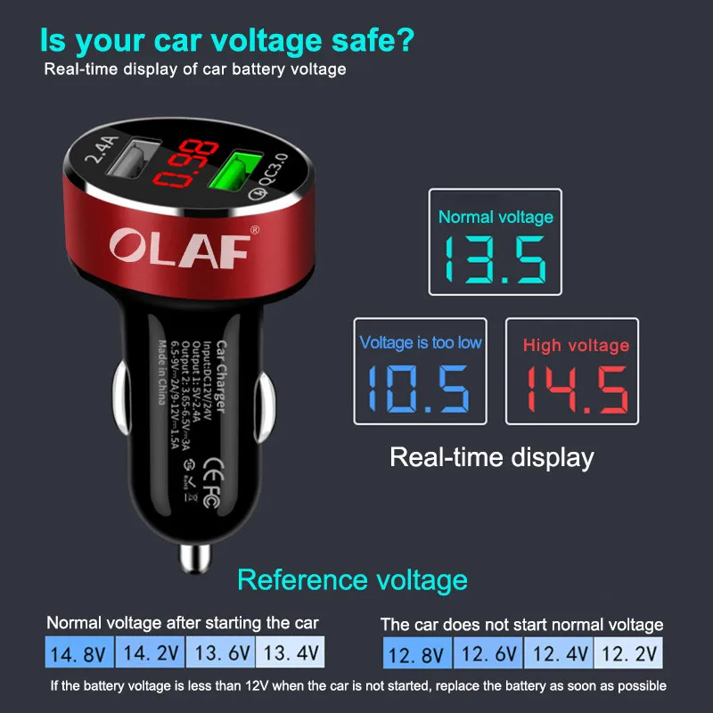 OLAF Dual USB Car Charger For iPhone X 8 7 Plus Digital LED Display 5V 3.1A Aluminium Alloy Fast Charging Adapter For Samsung S9 (3)