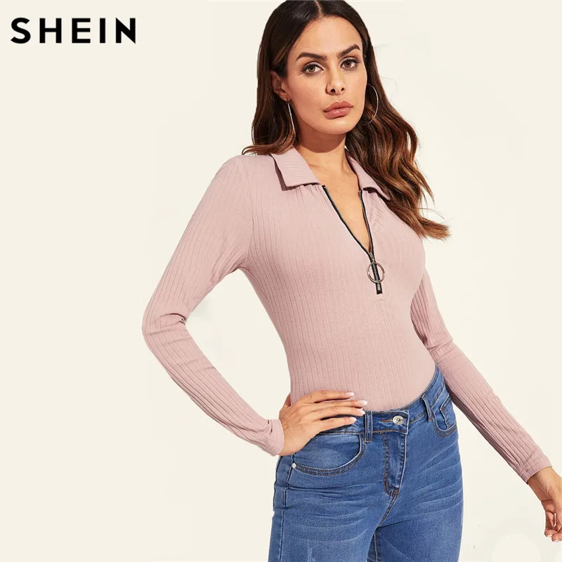 SHEIN Pink Zip Front Ribbed Knit Collar Tee Women Solid Slim Fit Long