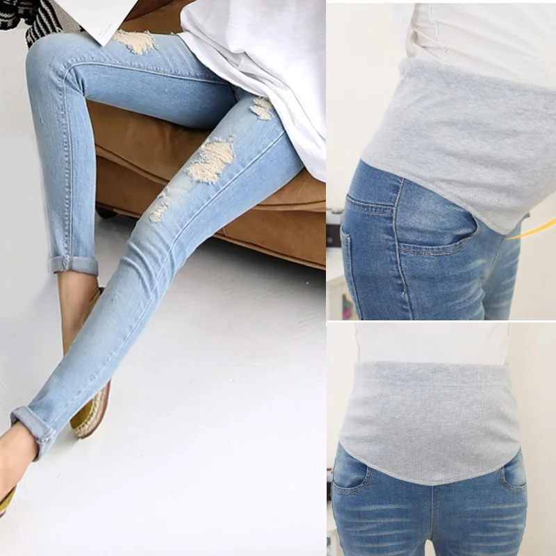 Модные эластичные джинсы с дырками для беременных, штаны для беременных, одежда из денима, Подушка для беременных, брюки BM88