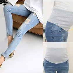 Модные Средства ухода за кожей для будущих мам отверстия эластичный Джинсы для женщин Брюки для девочек Беременность джинсовая одежда для