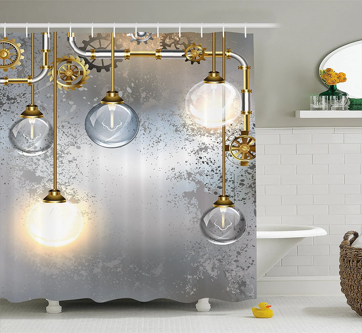 Shower Curtain by Ambesonne, Steampunk Antique Composition Brass