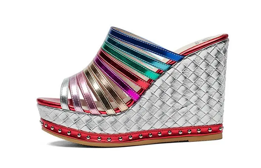 

Stylish Peep Toe Women Rainbow Pumps Platform Slides Stud Wedge High Heels Roman Strappy Slippers Vintage Gladiator Sandals Shoe