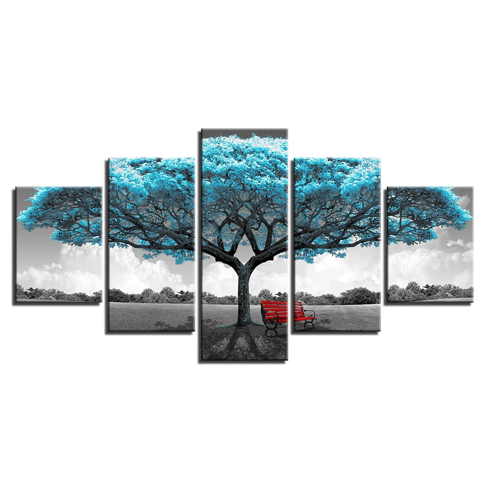 

Canvas Prints Paintings Framework Living Room Decor 5 Pieces Blue Big Tree Red Chair Pictures Abstract Landscape Poster Wall Art