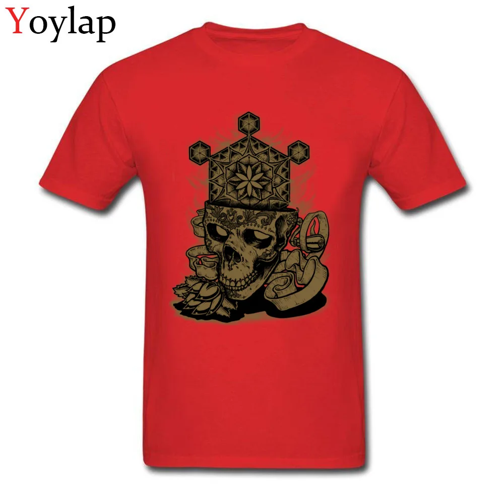 Round Neck All Cotton T Shirts for Men Family Summer Fall Tops Tees Short Sleeve Brand Flower of Life Skull Golden Printing Tee Shirt red