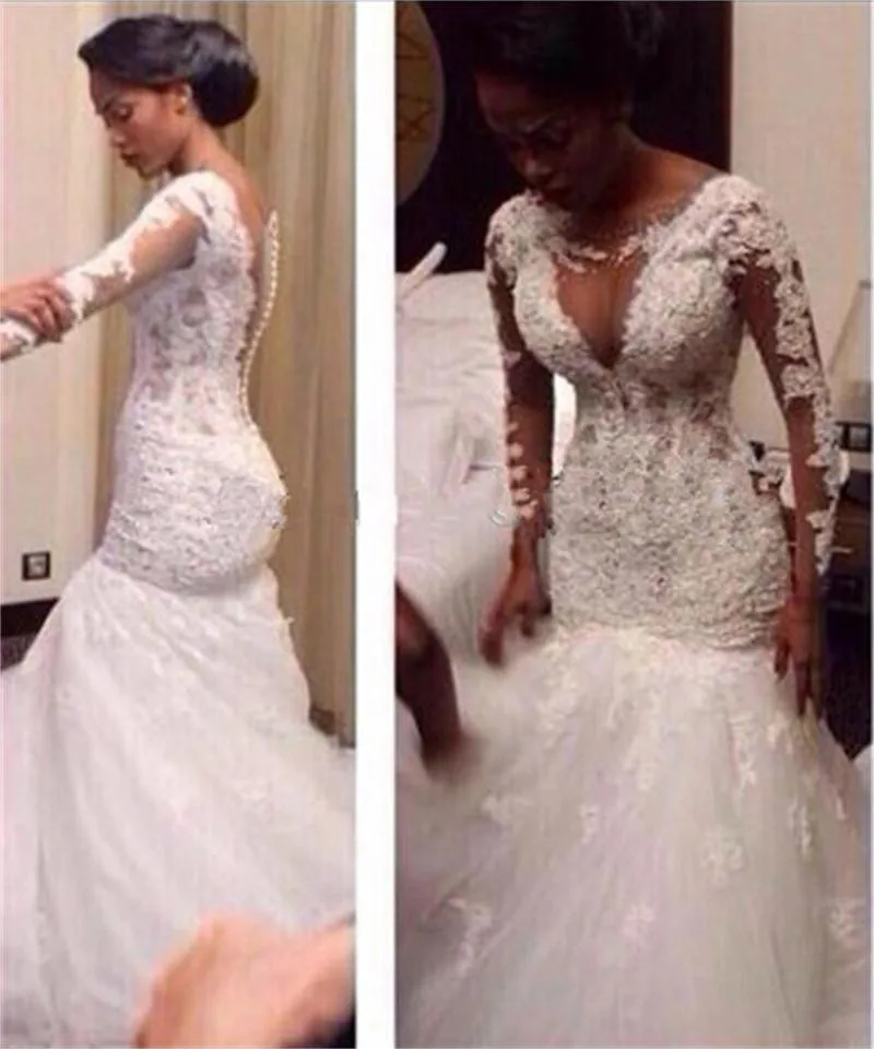 2017 vestidos de noiva Scoop Шеи Длинным Рукавом С Кружевом Аппликация Бисером Тюль Русалка