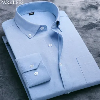 

Mens Blue Oxford Cotton Shirts Long SLeeve Slim Fit Solid Button Down Dress Shirts Business Casual Work Camisa Social Musculina