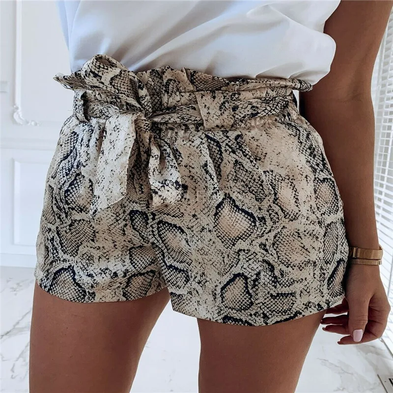 

2019 New Arrivals Womens High Waist Tie Belt Dungaree Shorts Ladies Summer Girls Holiday Snake Print Trousers Soft Shorts