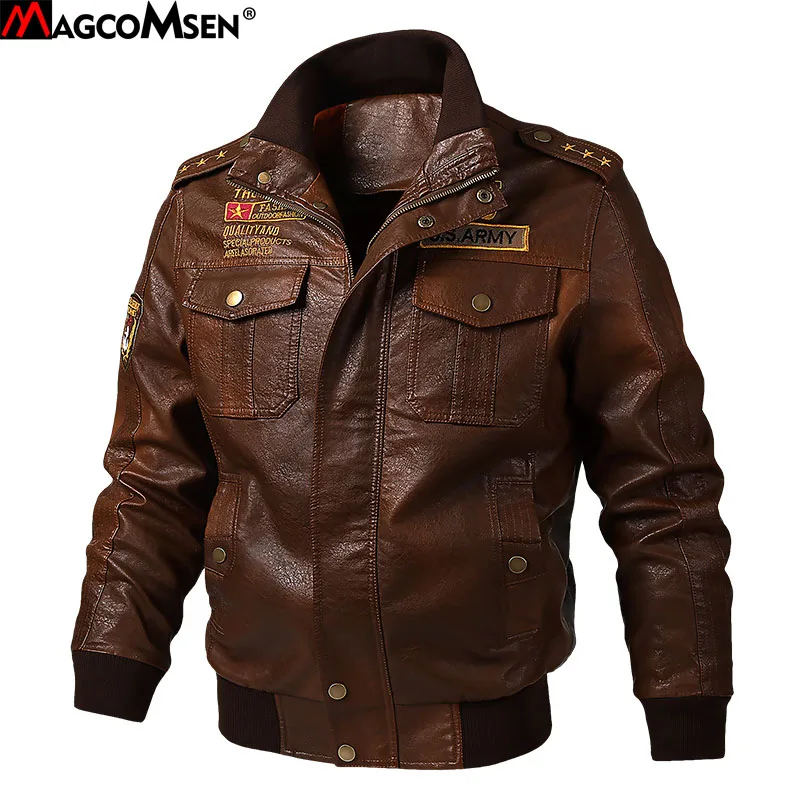 

MAGCOMSEN Leather Jacket Men Embroidery Military Faux Leather Bomber Jacket Pilot Coat Spring Casual Motorcycle Jackets ZLSB-1