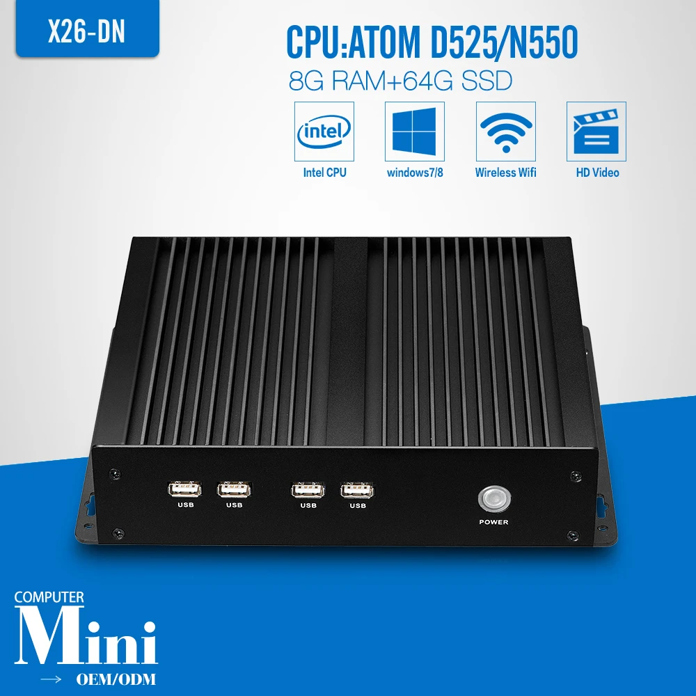 D525 fanless office desktop computers Mini linux 1080p hdmi pc support wireless pc station 8g ram 64g ssd