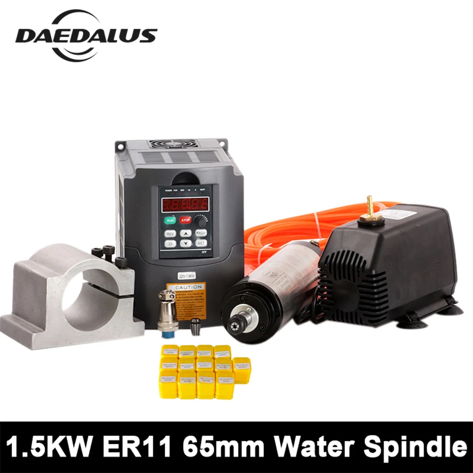 

CNC Spindle Motor 1.5kw Water Cooled Spindle Router+220V Frequency VDF Inverter+80mm Clamp 75w Pump 5m Pipe+ 11 PCS ER16 Collet
