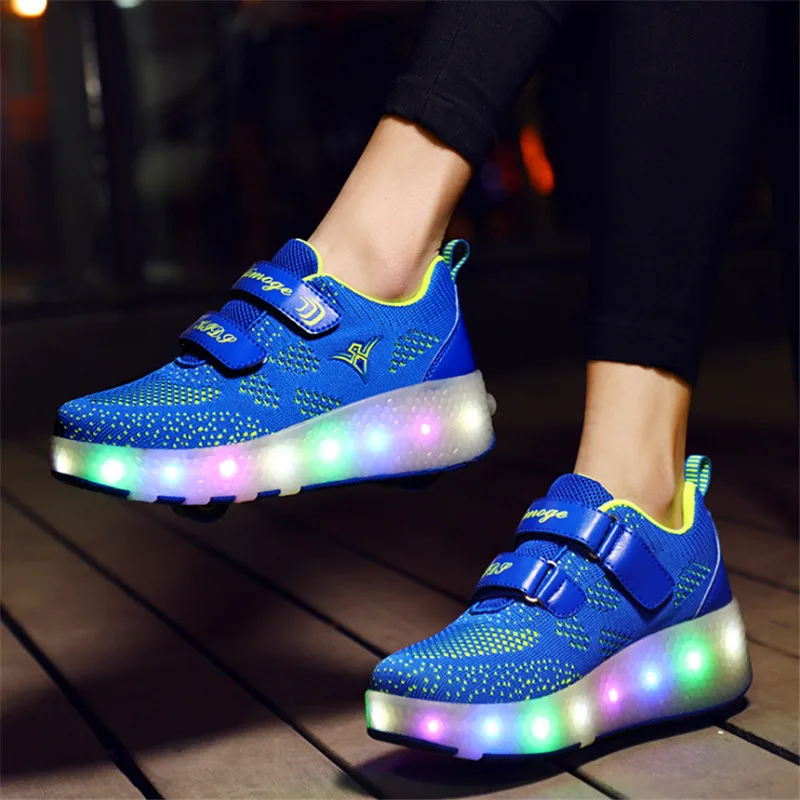 العلامة التجارية الاطفال أحذية الطفال 2019 USB heelies احذية رياضية مع مزدوجة اثنين عجلة مصباح ليد يصل أحذية الفتيات و الفتيان مضيئة تزلج الأحذية