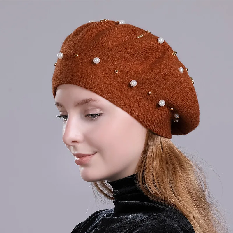 

Beret Women Winter Knit Hat Beanie Pearl Warm Autumn Cashmere Wool Outdoor Ski Accessory Female Solid Color Headwear