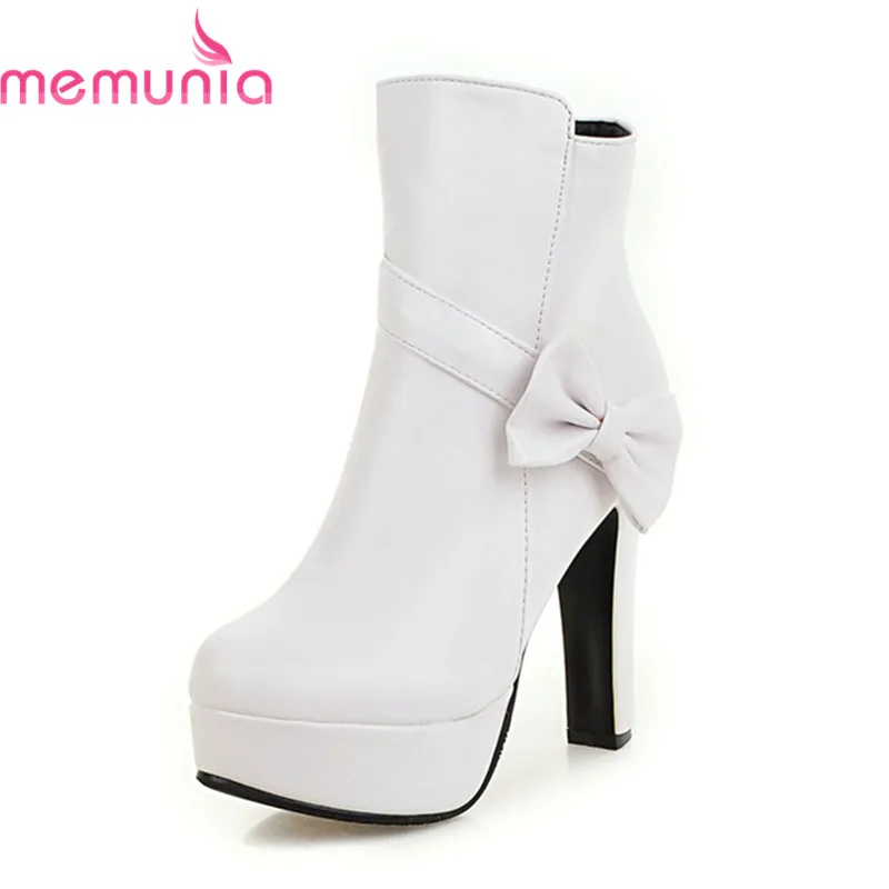 

MEMUNIA NEW arrival 2018 fashion boots women with butterfly knot sexy female shoes round toe solid pu leather boots high heels