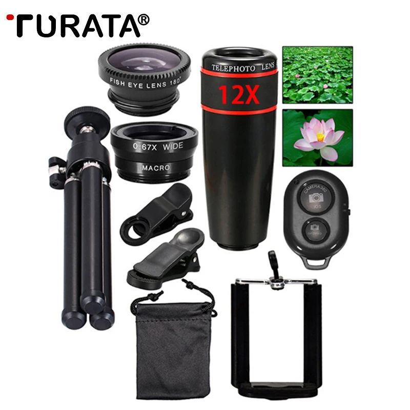 

TURATA Universal Phone Camera Lenses Kit 12x Telephoto Lentes Fisheye Wide Angle Macro Lens for iPhone 7 6S Xiaomi Huawei P8 P9