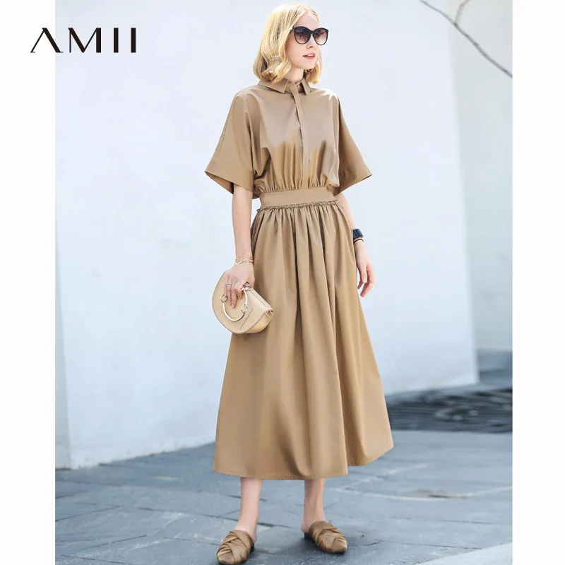 

Amii Women Minimalist 2018 Autumn Dress Office Lady Chic High Elastic Waist High Quality Original Design Long Female Dresses