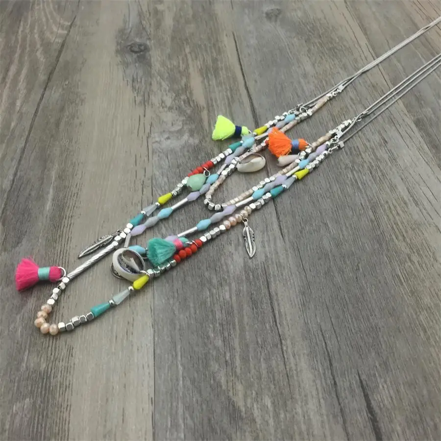 

New Colorful Bohemia Silver chain Colorful Tassel Statement Multi Layer Necklace Glass Bead pendant necklaces for women jewelry