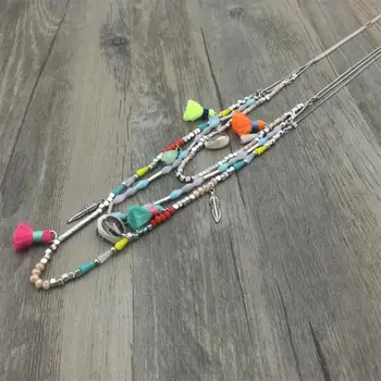 

New Colorful Bohemia Silver chain Colorful Tassel Statement Multi Layer Necklace Glass Bead pendant necklaces for women jewelry