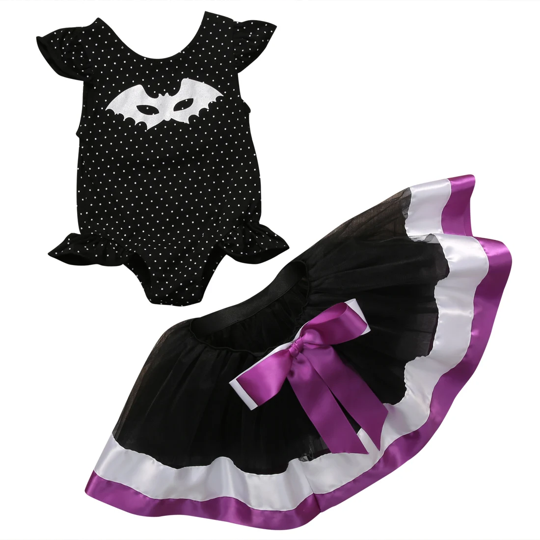 

US STOCK Baby Kid Girls printed dot ghost Romper Tops and tutu bow knot Dress for Party Clothes Outfit for girls for Halloween