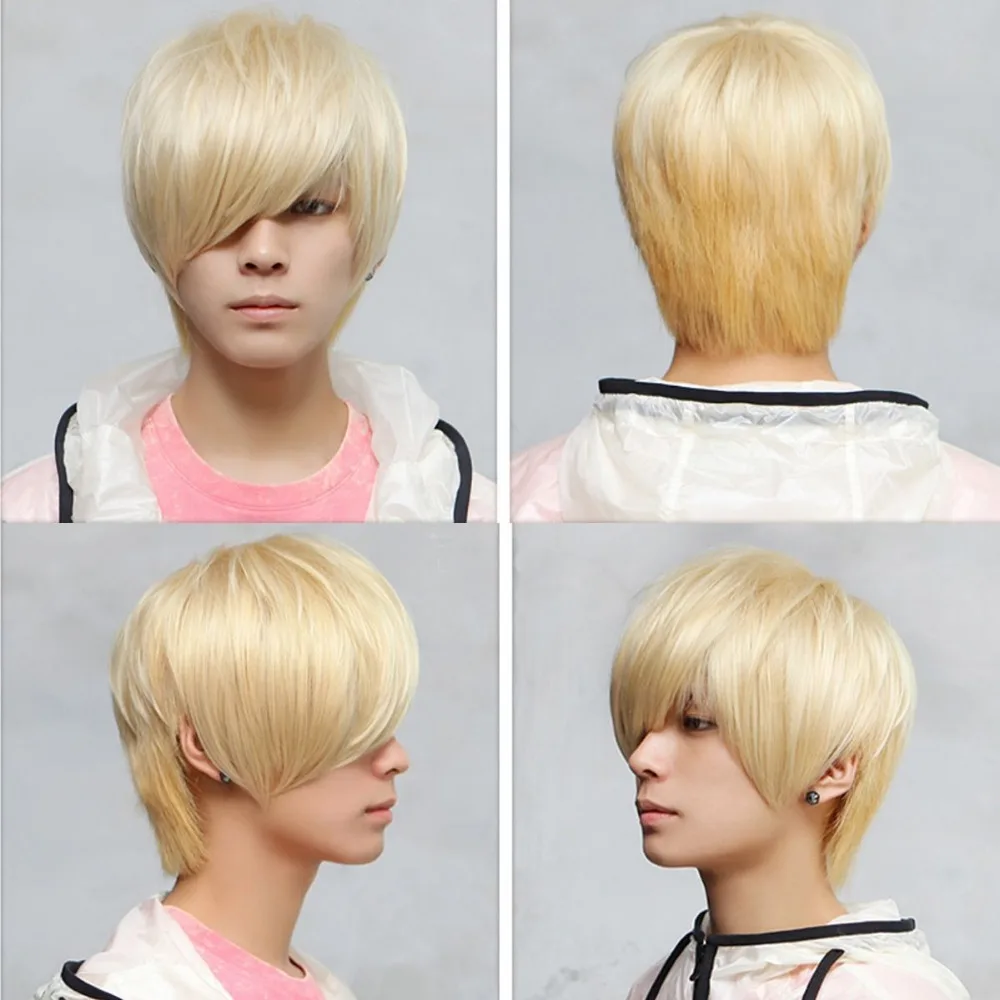 Men New Fashion Blonde Anime Costume Wig Short Straight Hand Weave
