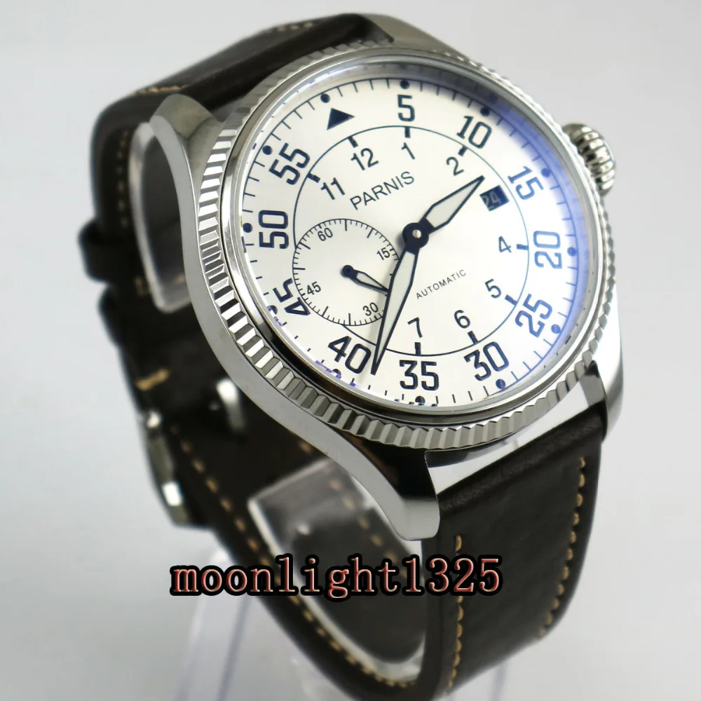 

45mm Parnis silver dial date window coin bezel ST2555 Automatic Movement Mens Watch