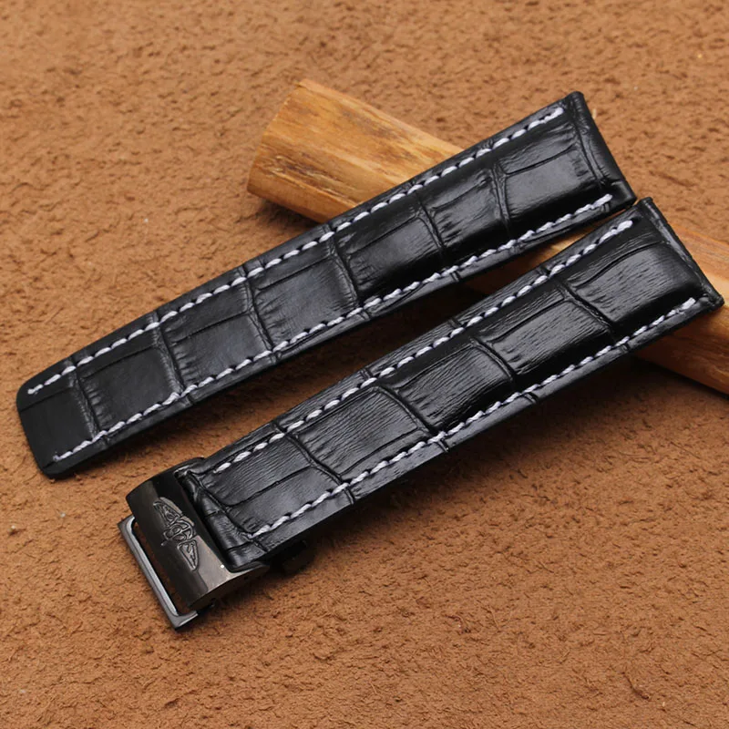 

High Quality Black Crocodile grain Leather Watchband With Black Stainless steel Buckle Watches Accessories 22mm 24mm