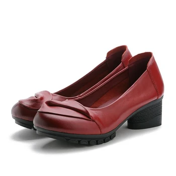 

New Spring Round Toe Genuine Leather Shoes With Medium Heels Platform Shoes Women's Pumps Red Black Block Heels Shoes Dance Work