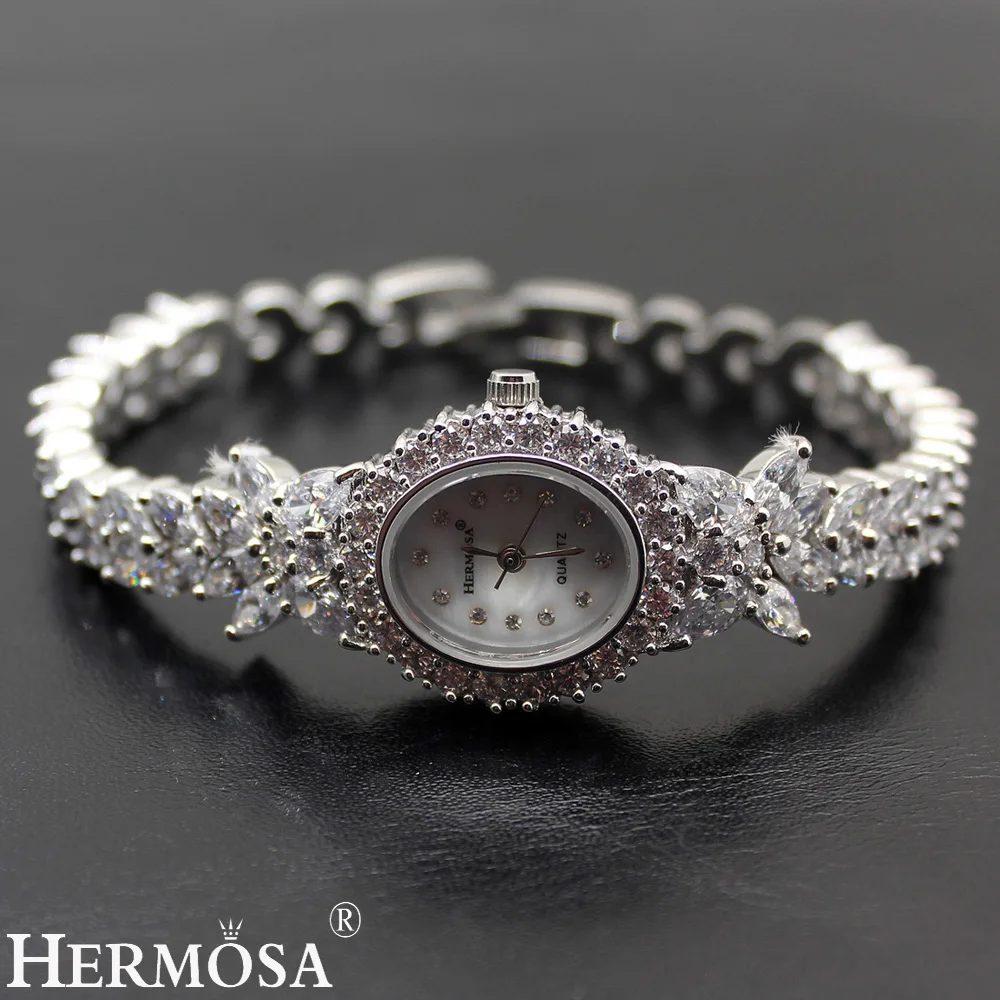 Hermosa подарки для валентинки Женские кварцевые наручные часы Whitetopaz часы леди стерлингового серебра звенья браслет ювелирное изделие 7,5 дюймов H8113