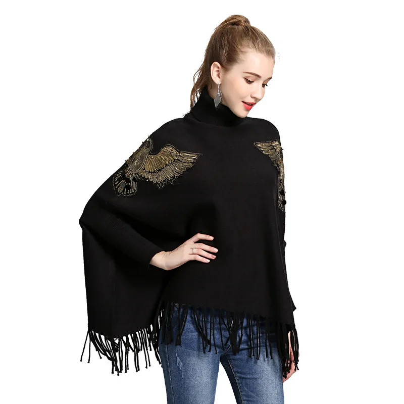 SC161 2018 Autumn Winter Long Knitted Women Eagle Appliqued Sweater Fashion Long Batwing Sleeves High Neck Stole Tassel Poncho