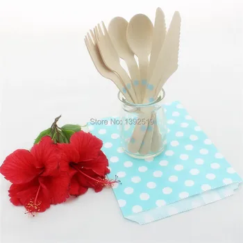 

Wooden Cutlery Set--2100pcs Polka Dot Baby Blue Party Decoration Disposable Wooden Fork Spoon Knife Wood Cutlery Party Supply