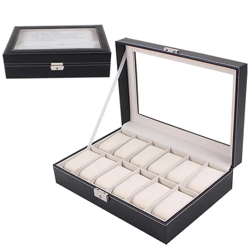 Large Watch Display Storage Case Jewelry Box Leather 12 Slots Black with Removable PillowsNEW JUNE5